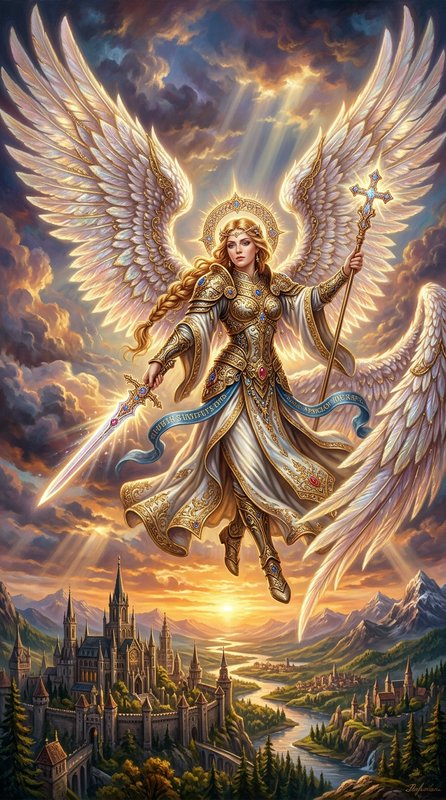 Powerful female warrior archangel with large feathered wings, halo, sword, and cross staff hoveri...