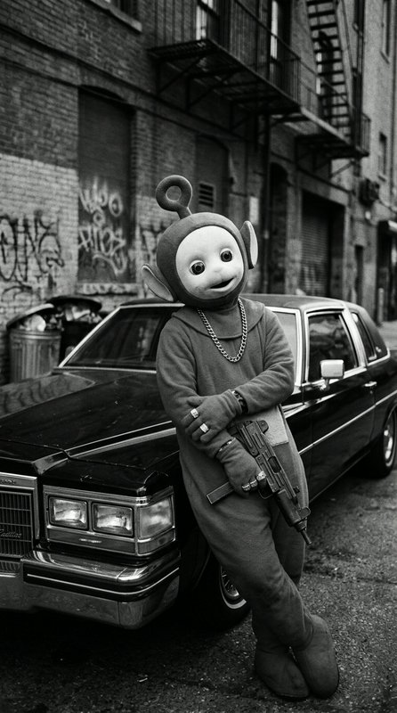 Monochrome surreal shot of a Teletubby character leaning on a vintage Cadillac, holding a gun, in...