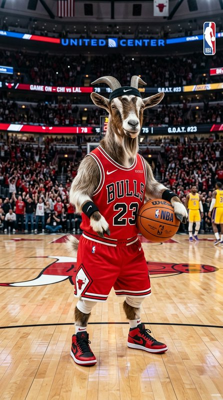 Anthropomorphic GOAT in Chicago Bulls #23 uniform holds an NBA basketball center court at the Uni...