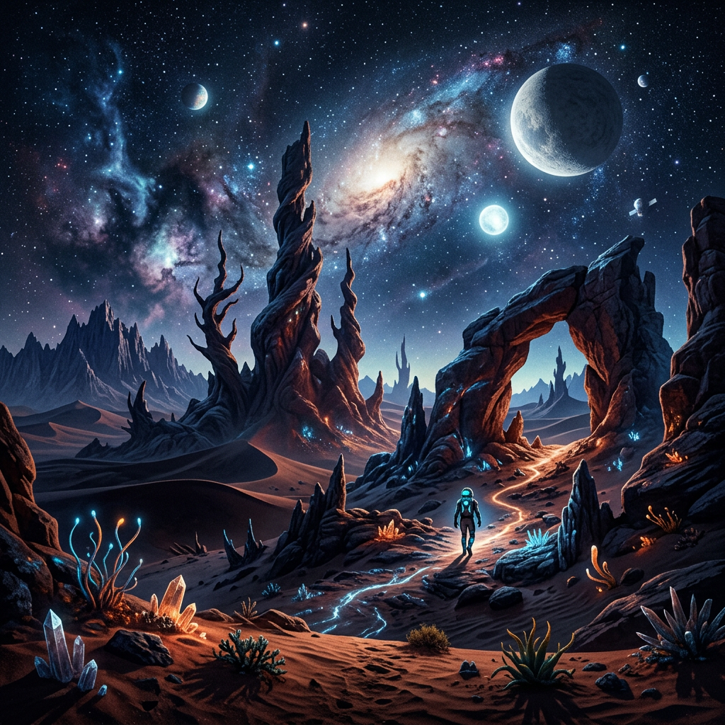 Lone astronaut walks across a glowing alien desert under a starry sky filled with nebulae and orbiting planets