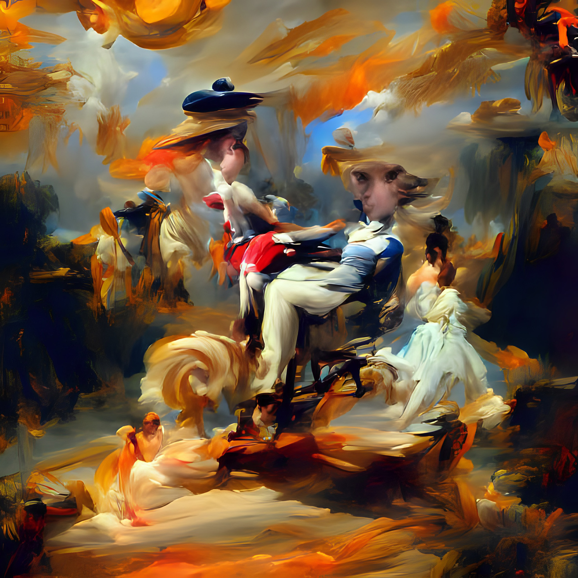 Surreal impasto painting of distorted 18th century rococo figures against swirling warm golden skies