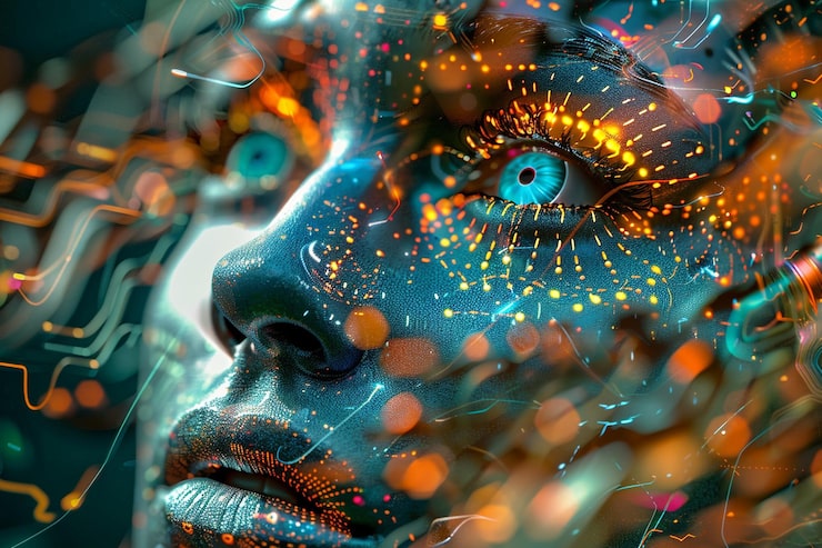 Close up profile of a futuristic cybernetic human face with glowing teal skin and bright blue eyes