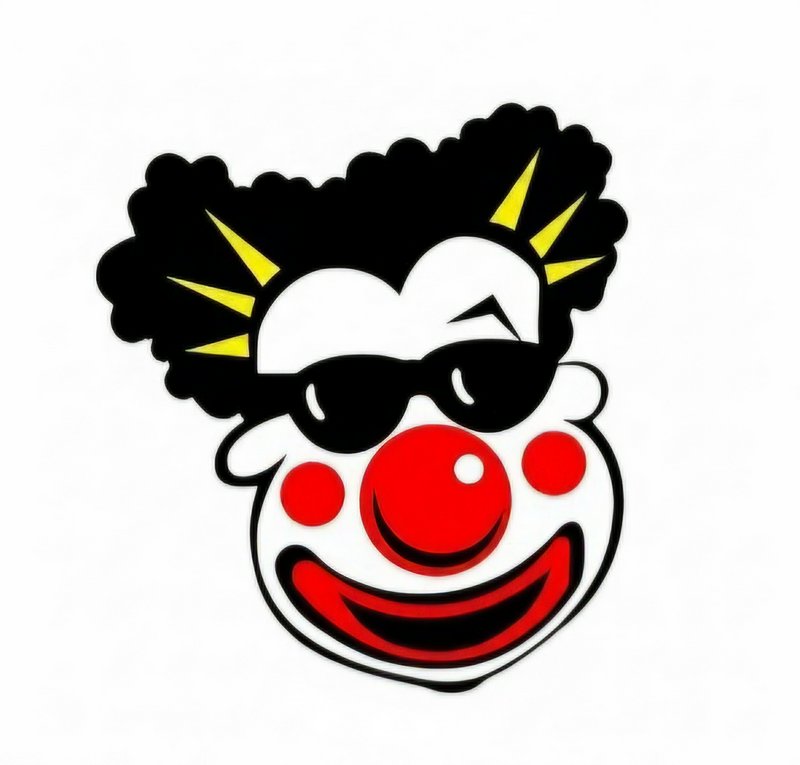 Cool cartoon clown face wearing black sunglasses, curly black hair, bright red nose, and wide gri...