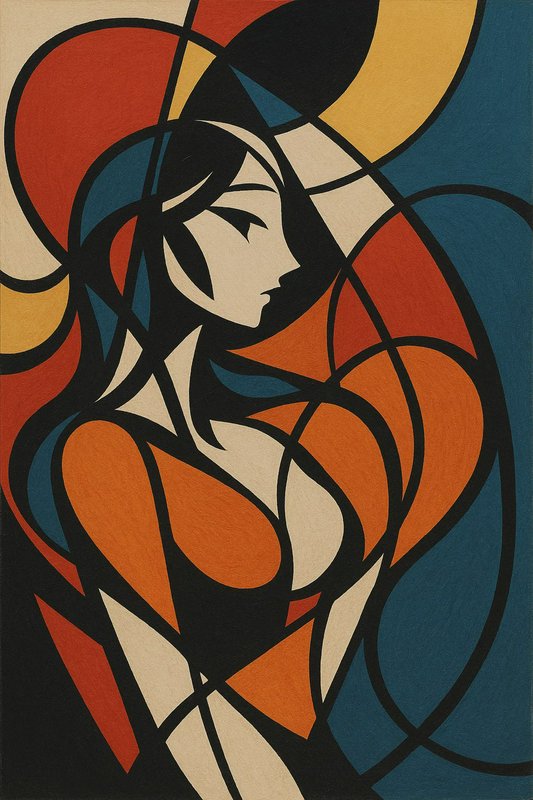[Abstract cubist portrait of a woman in profile, bold black outlined geometric shapes in retro warm and teal tones]