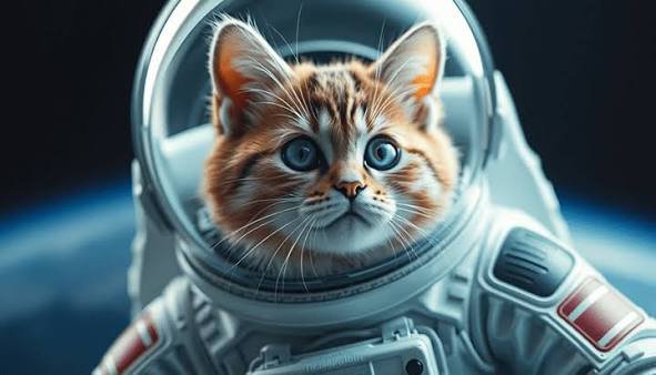 Close-up of fluffy orange tabby kitten with bright blue eyes wearing an astronaut suit in outer s...