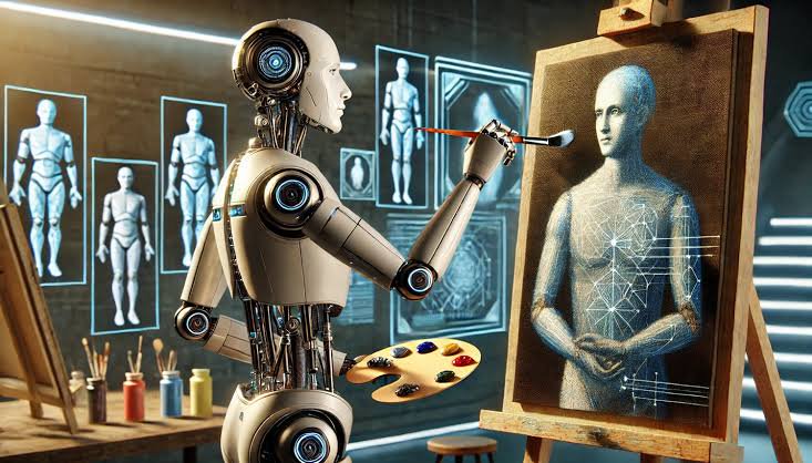 [Humanoid AI robot holds a paintbrush and palette, painting a portrait on an easel in a futuristic art studio]