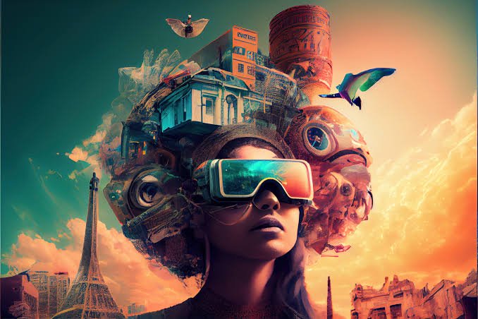 Surreal portrait of a woman wearing VR goggles, with floating cityscape architecture growing from...