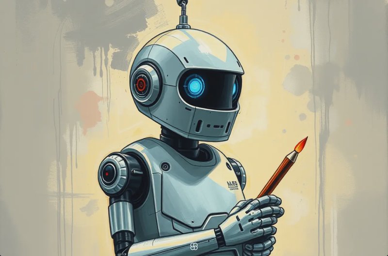 Retro-futuristic silver artist robot holding a paintbrush against a textured warm abstract painte...