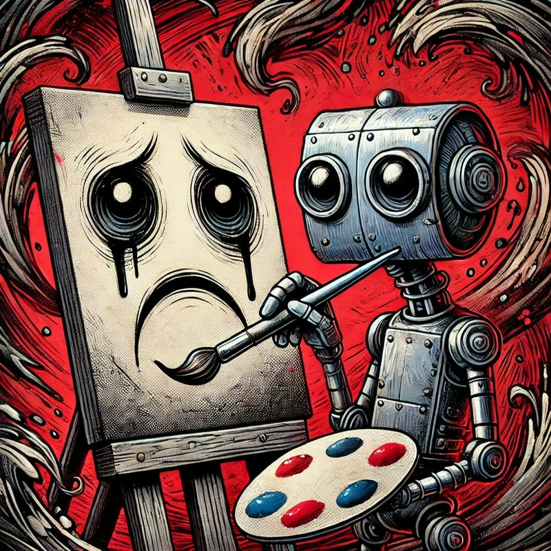 Vintage riveted robot artist holds a paintbrush and palette, painting a sad crying face onto a ca...