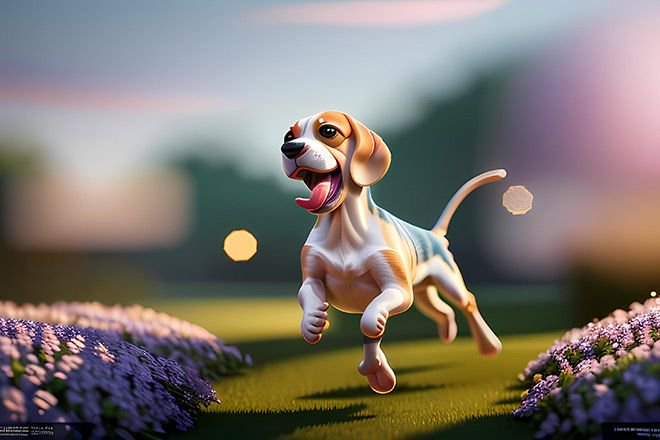 Joyful cartoon beagle puppy runs mid-leap across a grassy flower-lined field at golden sunset