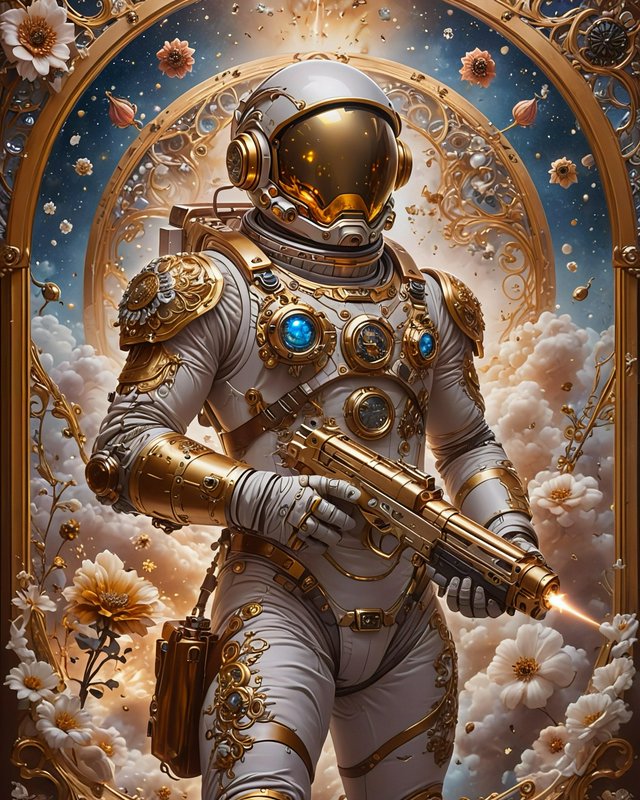 Ornate steampunk astronaut in gold-accented white spacesuit holds a golden energy pistol, framed ...