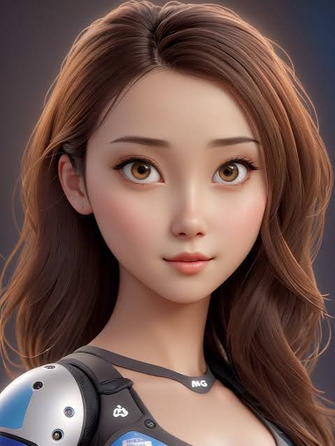 Close-up 3D render of anime-style female cyborg with long wavy brown hair and futuristic mechanical shoulder armor
