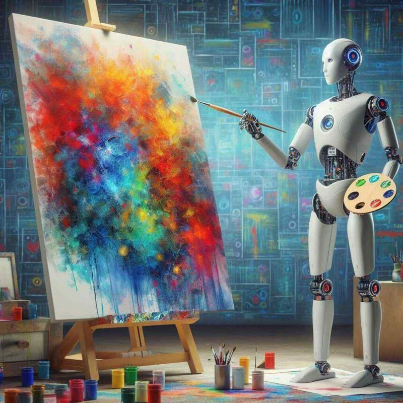Humanoid robot artist holding a paintbrush and palette creating vibrant abstract art on a studio ...