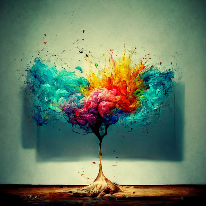 Surreal abstract stylized tree made of swirling vibrant paint splatters, displayed against a mute...