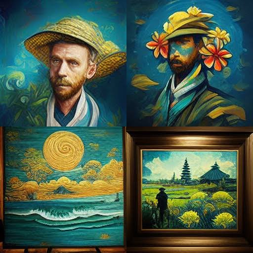 2x2 grid of Van Gogh style impasto art, featuring two portraits, a seascape, and a framed Balines...