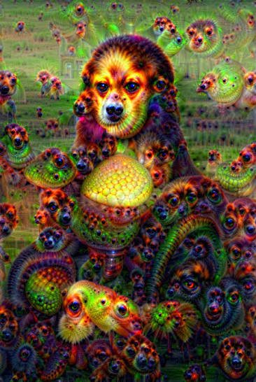 Surreal psychedelic deep dream art of a central dog-like creature surrounded by repeating distort...