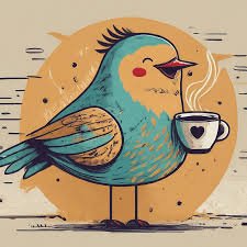 Whimsical retro illustration of a happy turquoise bird holding a steaming heart-decorated coffee cup