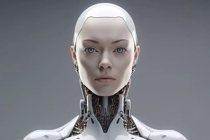 Close-up portrait of a sleek female humanoid android with exposed mechanical neck components agai...