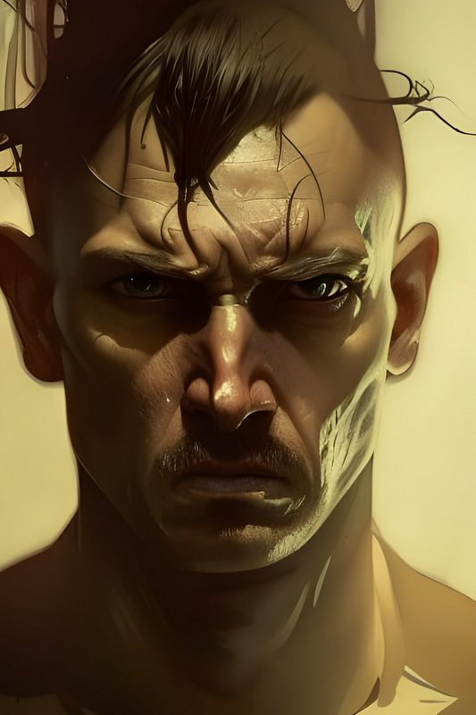 Close-up digital portrait of a stern, intense scarred man with a furrowed brooding expression and...