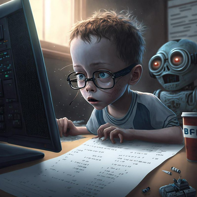 Wide-eyed bespectacled young boy stares intently at an old computer, retro robot standing behind ...