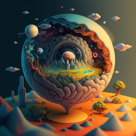 Surreal layered 3D diorama sphere holding an inner cosmic landscape, astronaut, and floating plan...