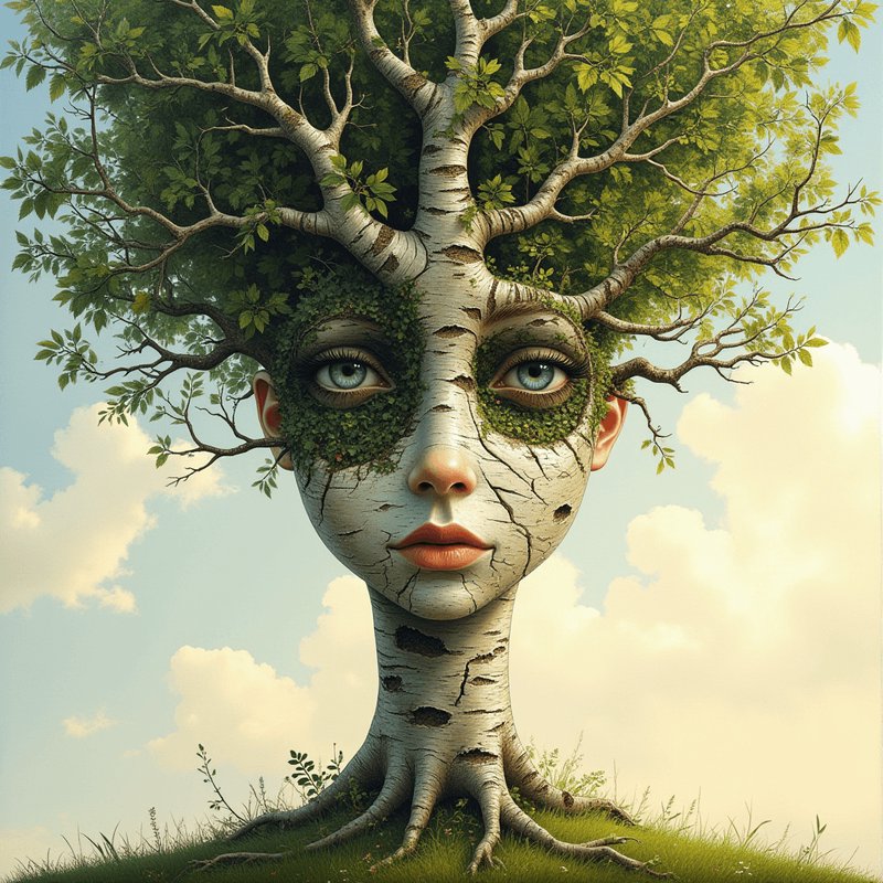 Surreal dryad portrait of a birch tree with human facial features, leafy canopy hair, rooted on a...