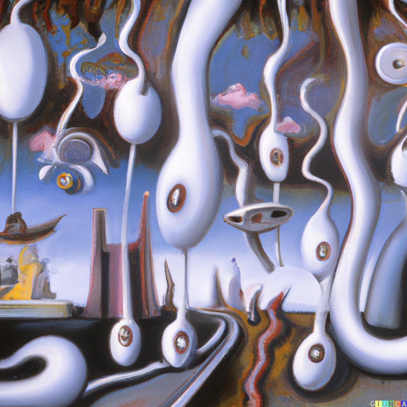 Surrealist painting with twisting white biomorphic forms, circular eye details, and a dreamlike abstract landscape