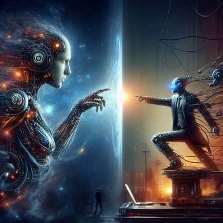 Surreal sci-fi art of two opposing humanoid AI robots reaching toward each other across a glowing...