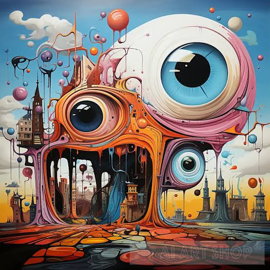Surrealist fantasy artwork of a giant multi-eyed organic structure above a whimsical dream cityscape