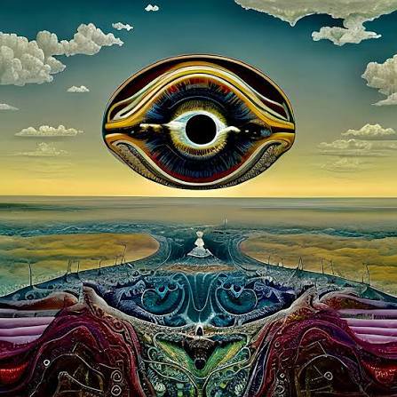 Intricate giant floating eye hovers above a patterned surreal landscape under a gradient sunset sky