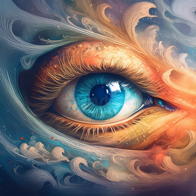 Surreal closeup of a bright turquoise eye framed by swirling warm and cool painterly wave patterns