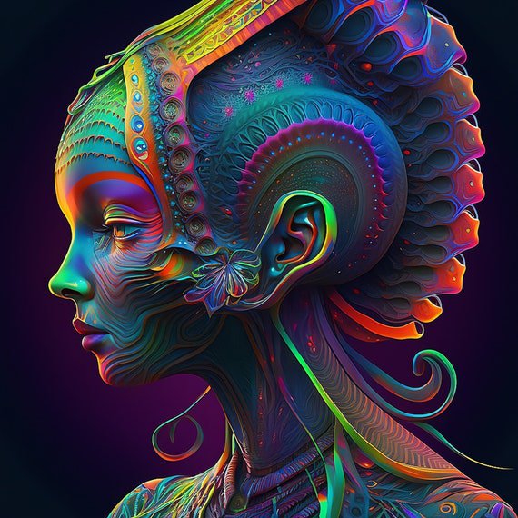 Vibrant psychedelic side profile portrait of an ornate otherworldly woman against a dark purple b...