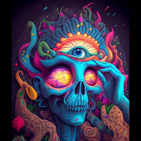 Psychedelic glowing blue skull with a third eye, swirling neon details against a dark cosmic back...