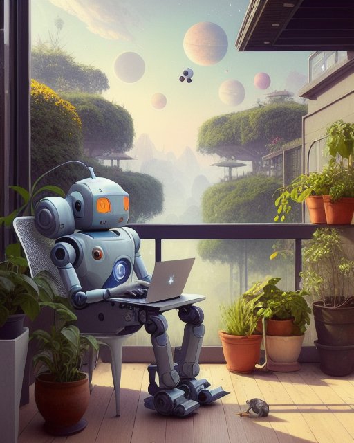Friendly retro robot works on a laptop from a leafy balcony overlooking a surreal alien landscape