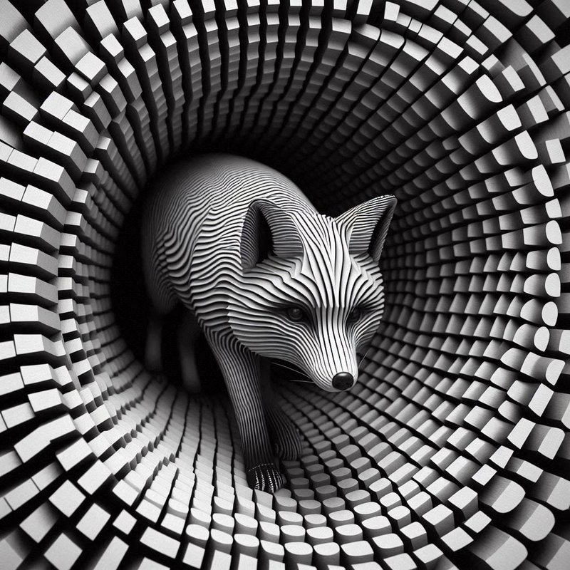 Stylized striped 3D fox emerges from a curved tunnel of stacked geometric blocks