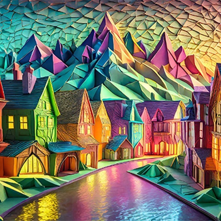 Faceted origami-style fantasy village lines a winding river below sharp colorful geometric mountains