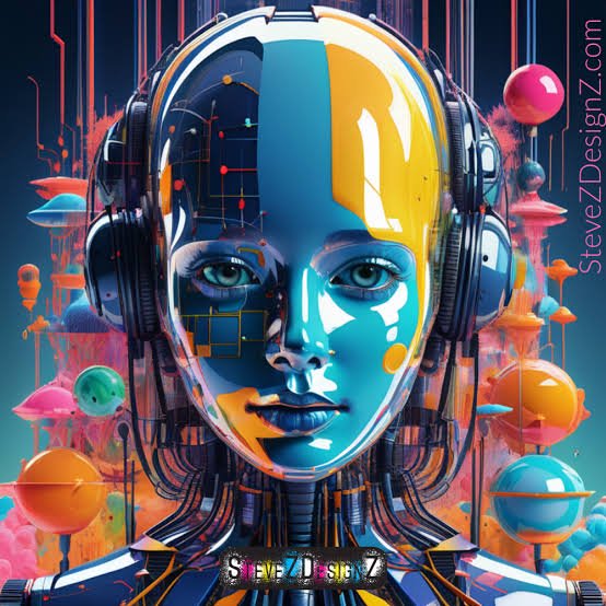 Glossy futuristic female android with headphones against a vibrant neon sci-fi abstract background