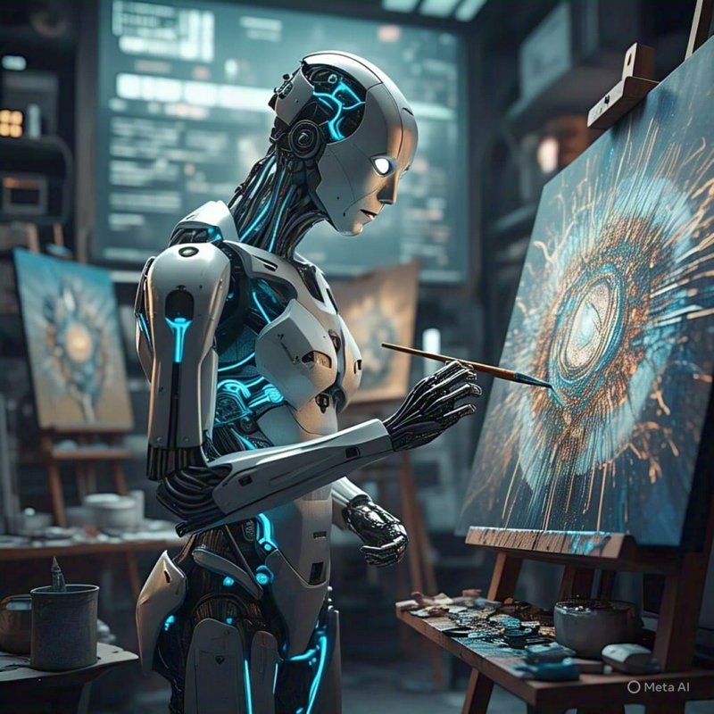 Futuristic humanoid robot with glowing blue accents paints on a canvas at an easel in a high-tech...