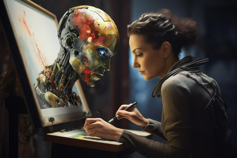 Female artist holding a paintbrush works beside a glowing-eyed mechanical robot at a shared art e...
