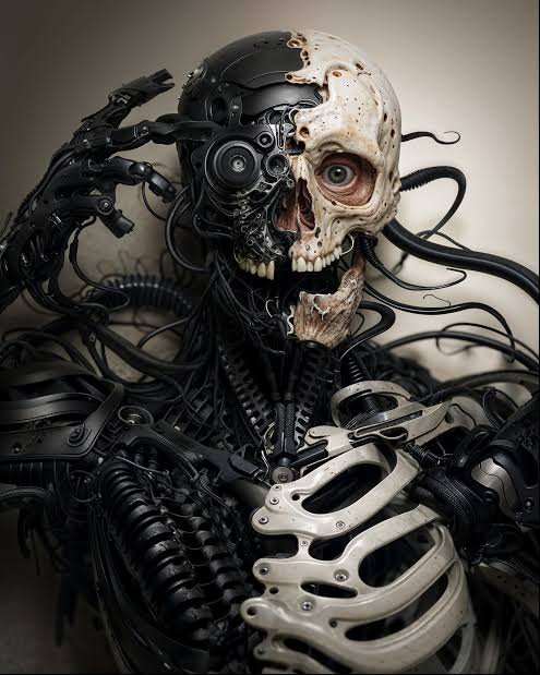 Hybrid cyborg skeleton merging human bone, robotic parts, tangled wiring, and one exposed organic...