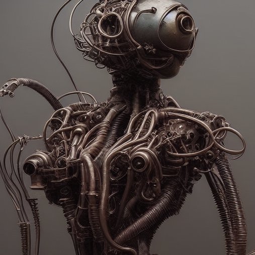 Tangled steampunk biomechanical humanoid robot with exposed wiring and single large optical eye a...
