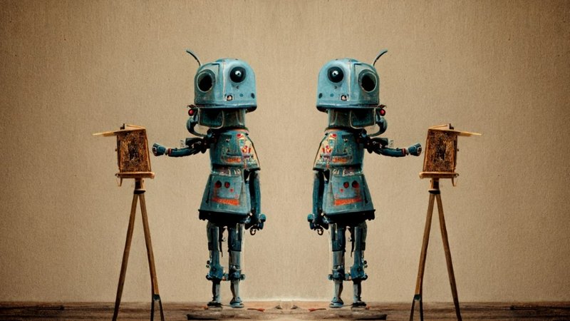 Two mirrored vintage blue painter robots stand beside matching wooden easels in a plain studio