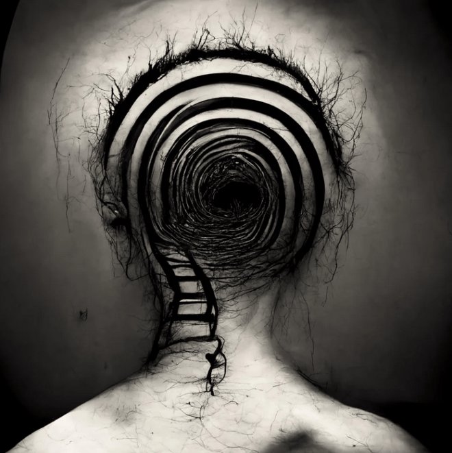Surreal black and white artwork showing a human head opening into a spiraling tunnel with an inte...
