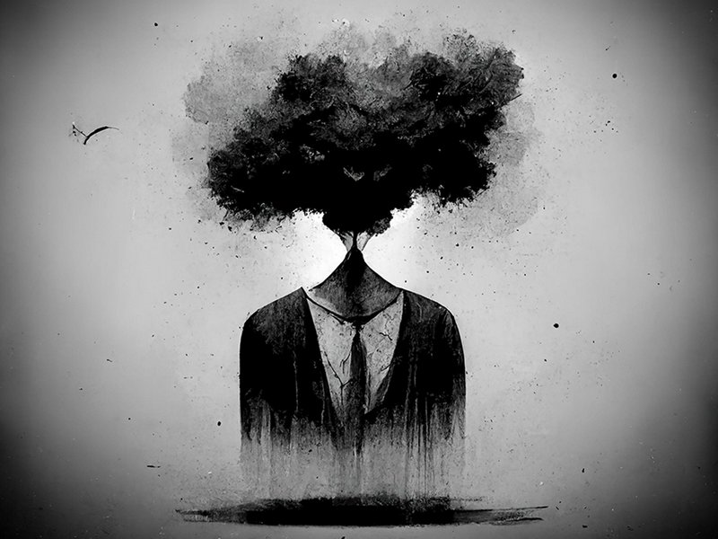 Surreal ink illustration of a formally dressed figure with a dense tree canopy in place of a huma...