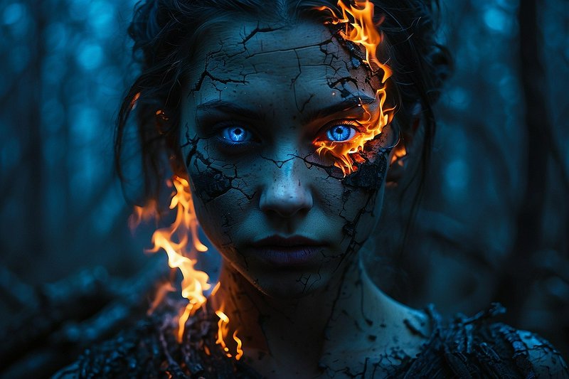 Fantasy woman with cracked charred skin, glowing blue eyes, and flames emerging from facial fissures