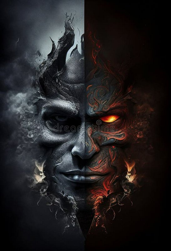 Split portrait of a supernatural fantasy being, half cold shadow and half fiery demon with one gl...