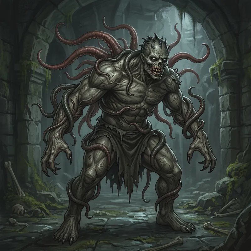 Muscular undead tentacle abomination stands menacingly in a mossy ruined stone dungeon corridor