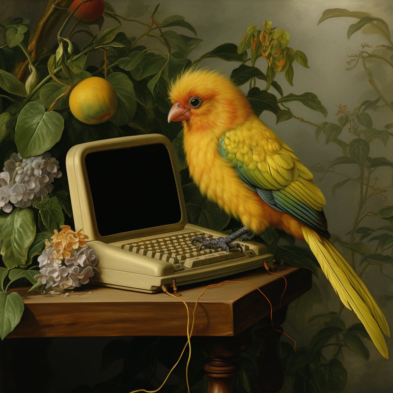 Fluffy bright yellow tropical bird perched on a vintage laptop amid a lush botanical still life