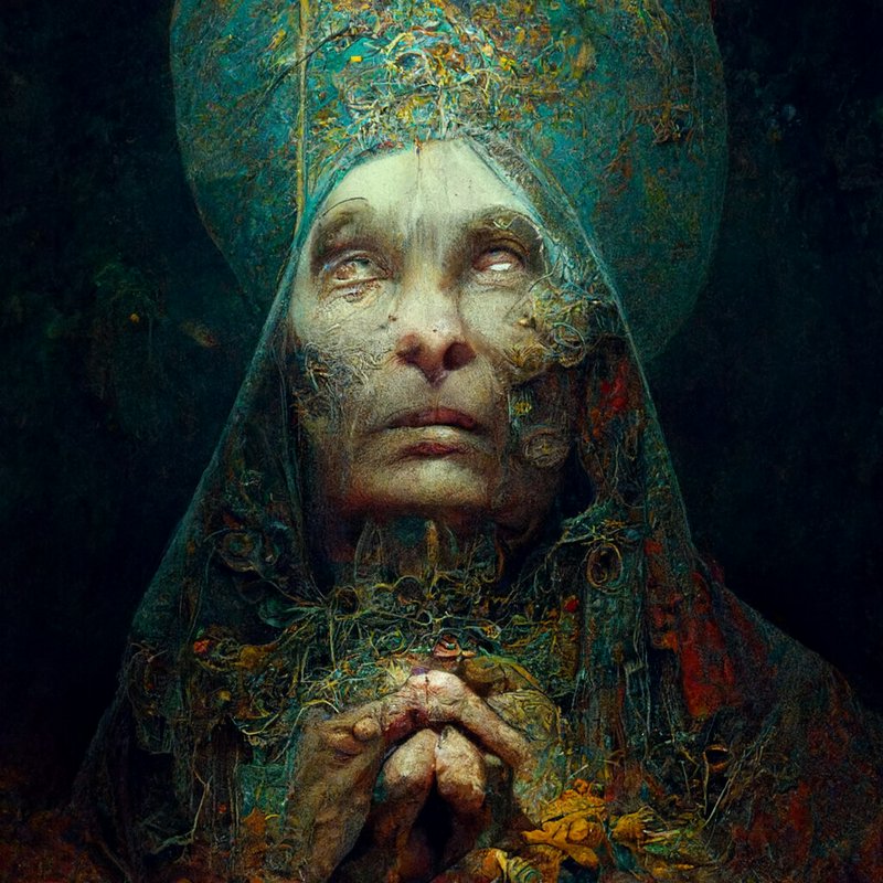 Ancient mystical priestess in elaborate teal regalia, clasped hands, gazing upward in solemn reverence