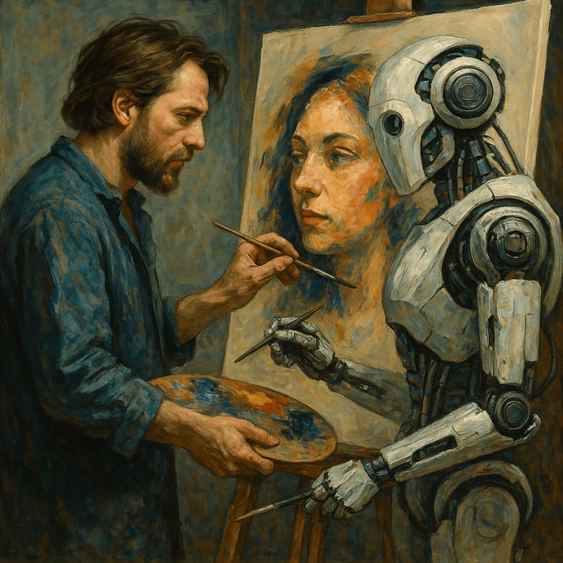 Bearded human artist and humanoid robot paint a portrait together at a canvas easel